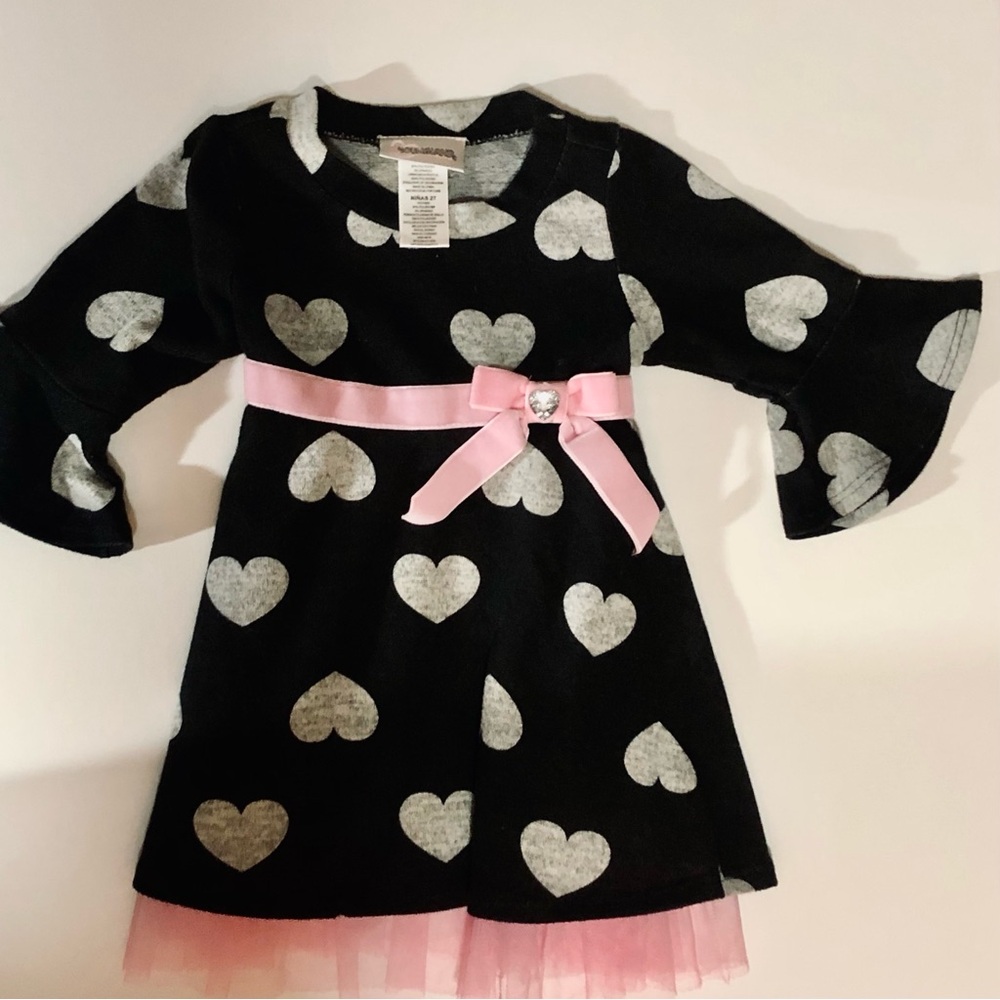 Girl’s Toddler Black Dress with Heart Pattern and Pink Bow